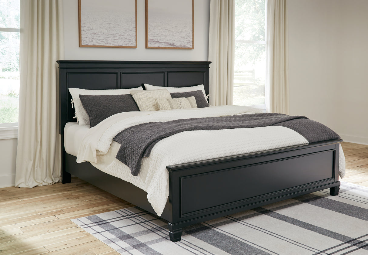 Lanolee King Panel Bed with Mirrored Dresser and Chest in Black - PKG015227