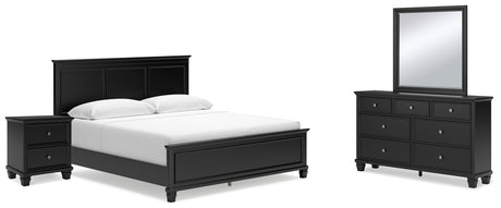 Lanolee King Panel Bed with Mirrored Dresser and Nightstand in Black - PKG015226