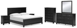 Lanolee King Panel Bed with Mirrored Dresser, Chest and 2 Nightstands in Black - PKG015225