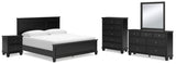 Lanolee King Panel Bed with Mirrored Dresser, Chest and Nightstand in Black - PKG015228