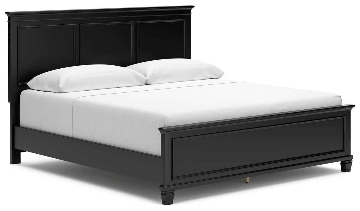 Lanolee King Panel Bed with Mirrored Dresser, Chest and Nightstand in Black - PKG015228