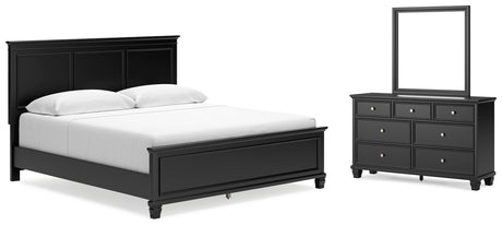 Lanolee King Panel Bed with Mirrored Dresser in Black - PKG015223