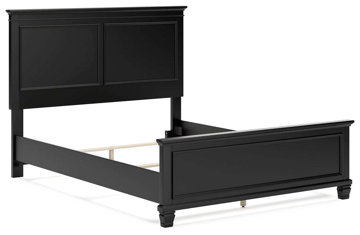 Lanolee Queen Panel Bed with Mirrored Dresser and Chest in Black - PKG015221