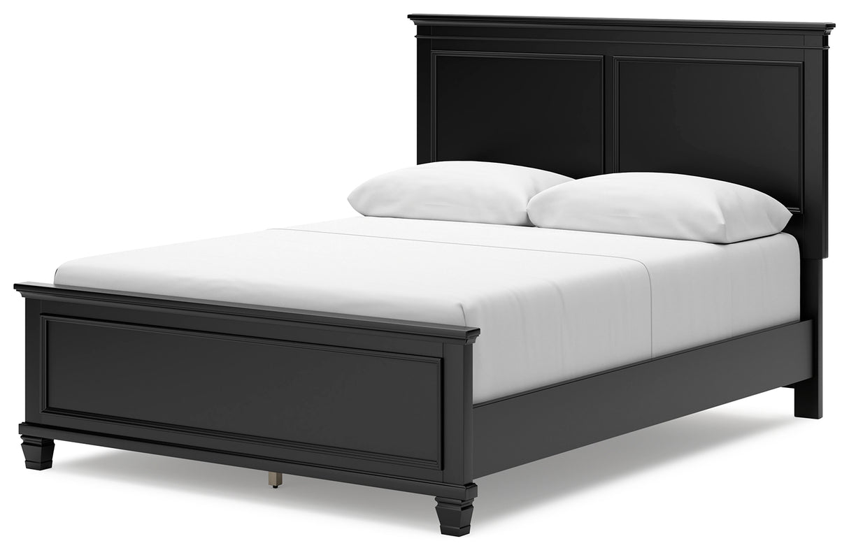 Lanolee Queen Panel Bed with Mirrored Dresser and Chest in Black - PKG015221