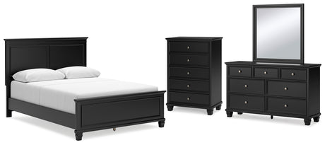 Lanolee Queen Panel Bed with Mirrored Dresser and Chest in Black - PKG015221