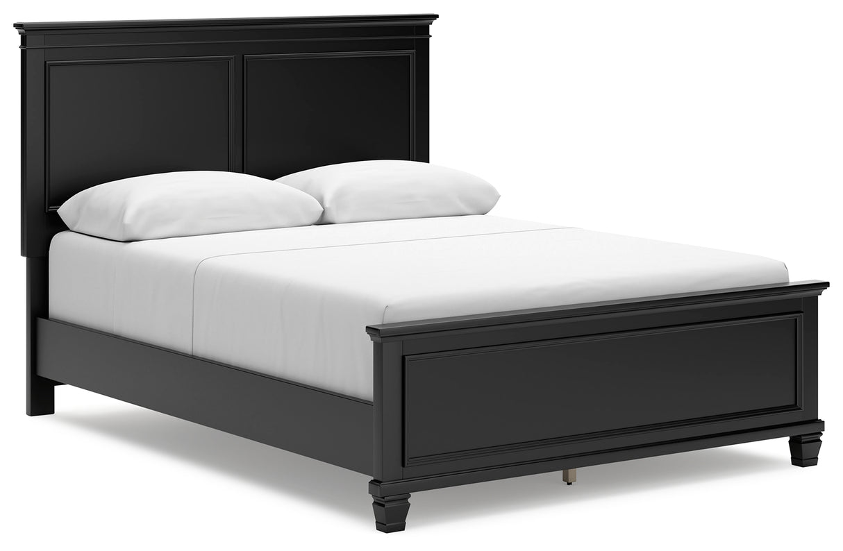 Lanolee Queen Panel Bed with Mirrored Dresser and Chest in Black - PKG015221