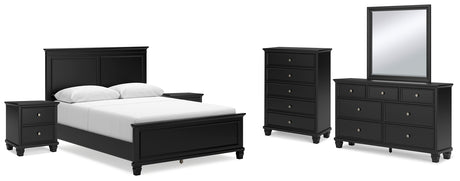 Lanolee Queen Panel Bed with Mirrored Dresser, Chest and 2 Nightstands in Black - PKG015219