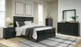 Lanolee Queen Panel Bed with Mirrored Dresser, Chest and 2 Nightstands in Black - PKG015219