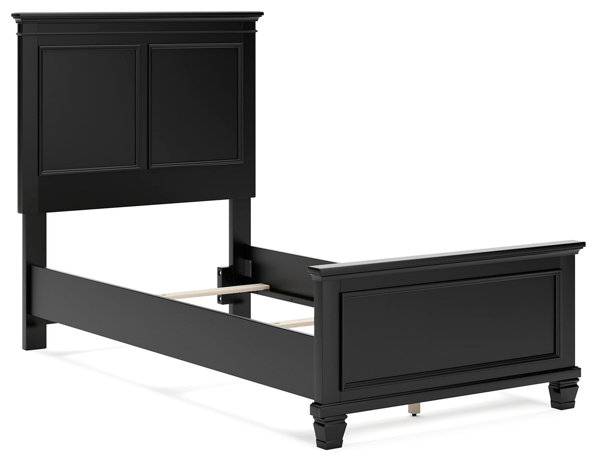 Lanolee Twin Panel Bed with Mirrored Dresser and Chest in Black - PKG015209