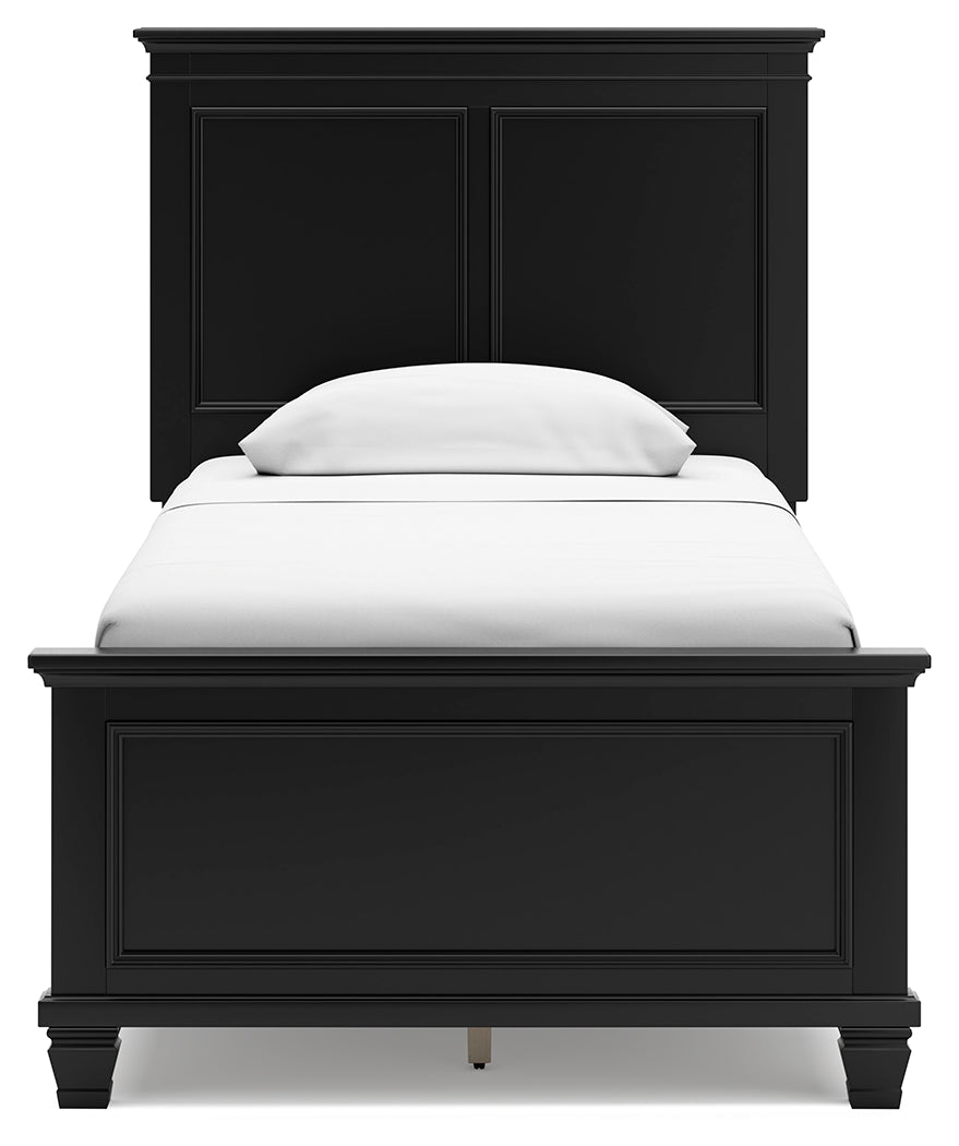 Lanolee Twin Panel Bed with Mirrored Dresser and Chest in Black - PKG015209