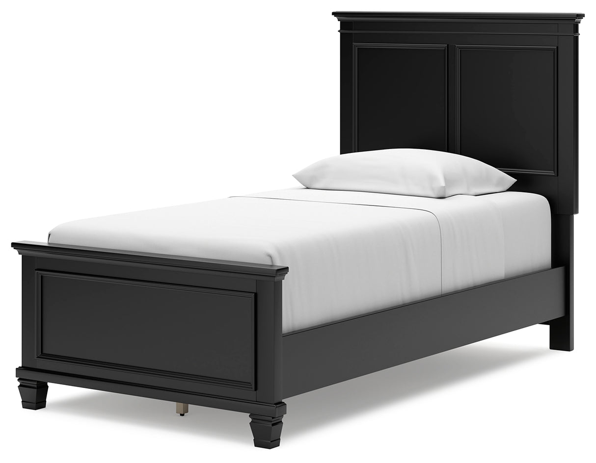 Lanolee Twin Panel Bed with Mirrored Dresser and Chest in Black - PKG015209