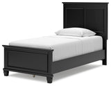 Lanolee Twin Panel Bed with Mirrored Dresser and Chest in Black - PKG015209