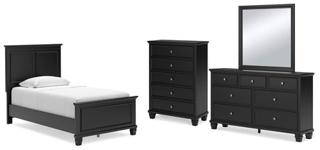 Lanolee Twin Panel Bed with Mirrored Dresser and Chest in Black - PKG015209