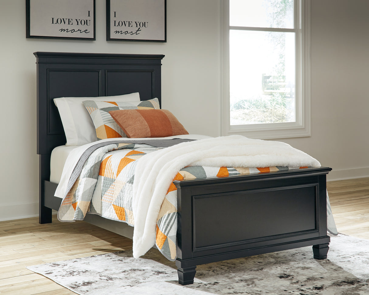 Lanolee Twin Panel Bed with Mirrored Dresser and Chest in Black - PKG015209