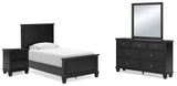 Lanolee Twin Panel Bed with Mirrored Dresser and Nightstand in Black - PKG015208