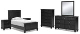 Lanolee Twin Panel Bed with Mirrored Dresser, Chest and 2 Nightstands in Black - PKG015207