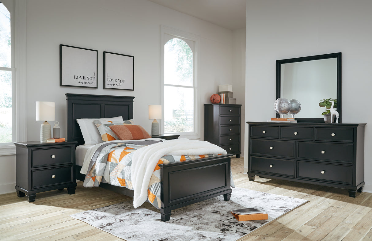 Lanolee Twin Panel Bed with Mirrored Dresser, Chest and 2 Nightstands in Black - PKG015207