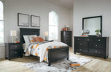 Lanolee Twin Panel Bed with Mirrored Dresser, Chest and 2 Nightstands in Black - PKG015207