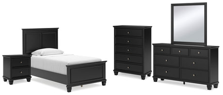 Lanolee Twin Panel Bed with Mirrored Dresser, Chest and Nightstand in Black - PKG015210