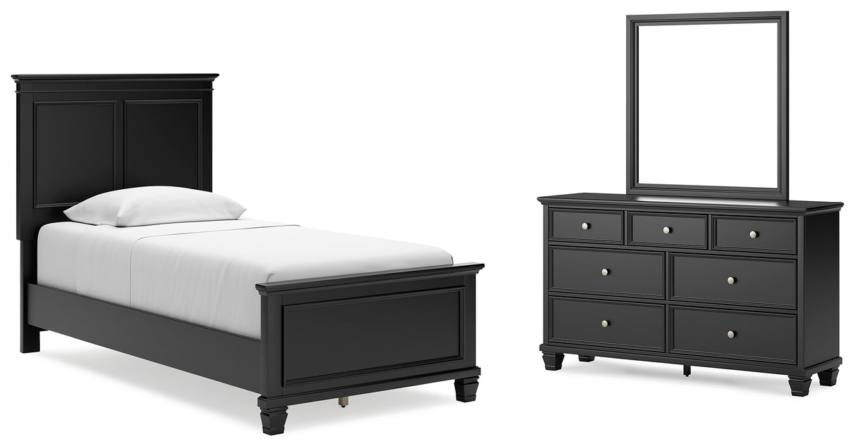 Lanolee Twin Panel Bed with Mirrored Dresser in Black - PKG015205