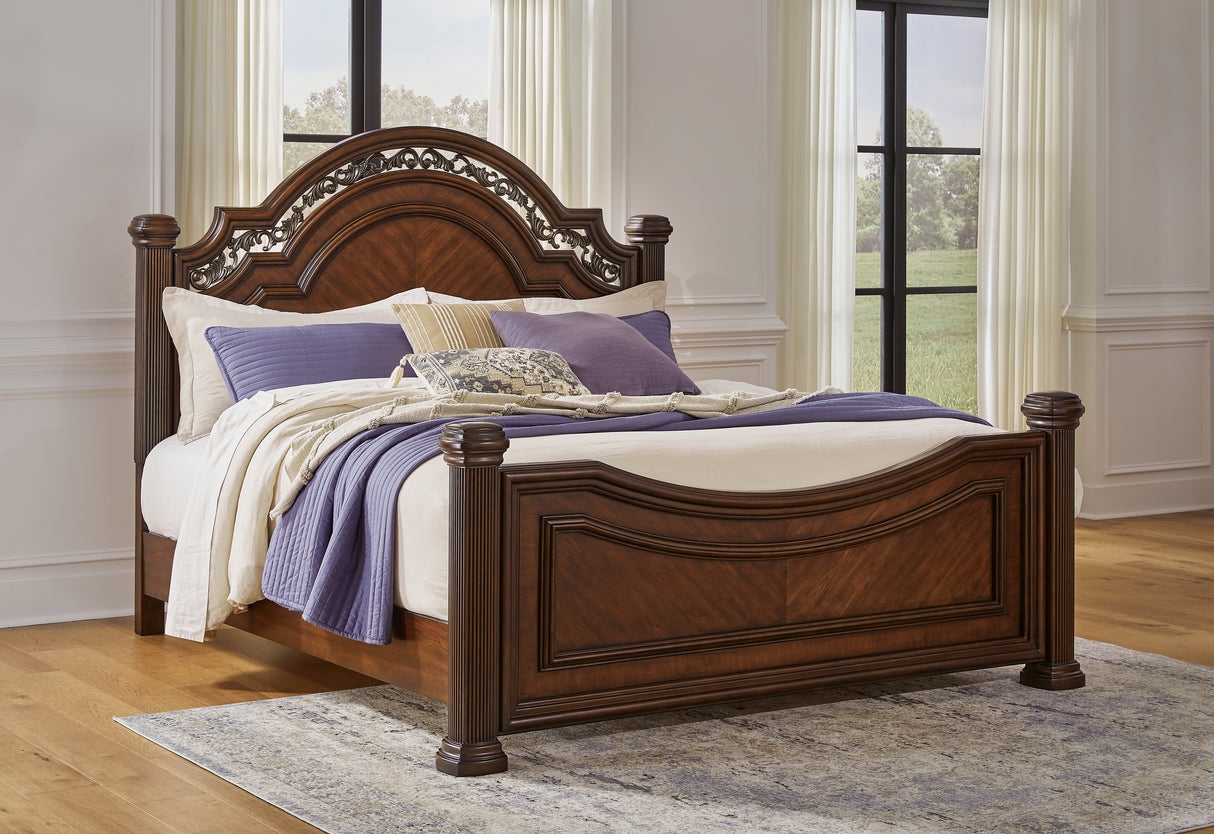 Lavinton California King Poster Bed with Mirrored Dresser and Nightstand in Brown - PKG016877