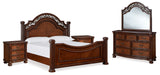 Lavinton King Poster Bed with Mirrored Dresser and Nightstand in Brown - PKG016868