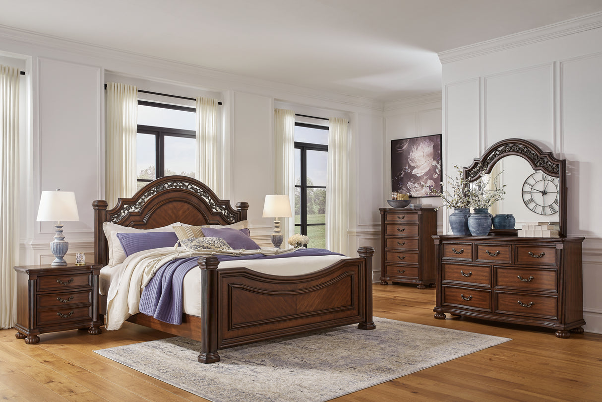 Lavinton King Poster Bed with Mirrored Dresser, Chest and 2 Nightstands in Brown from Ashley - Luna Furniture