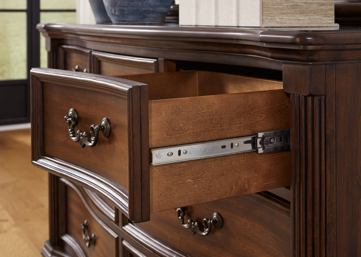 Lavinton King Poster Bed with Mirrored Dresser, Chest and 2 Nightstands in Brown from Ashley - Luna Furniture