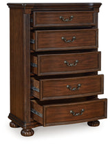 Lavinton King Poster Bed with Mirrored Dresser, Chest and 2 Nightstands in Brown from Ashley - Luna Furniture