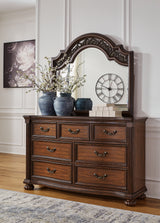 Lavinton Queen Poster Bed with Mirrored Dresser and Nightstand in Brown from Ashley - Luna Furniture