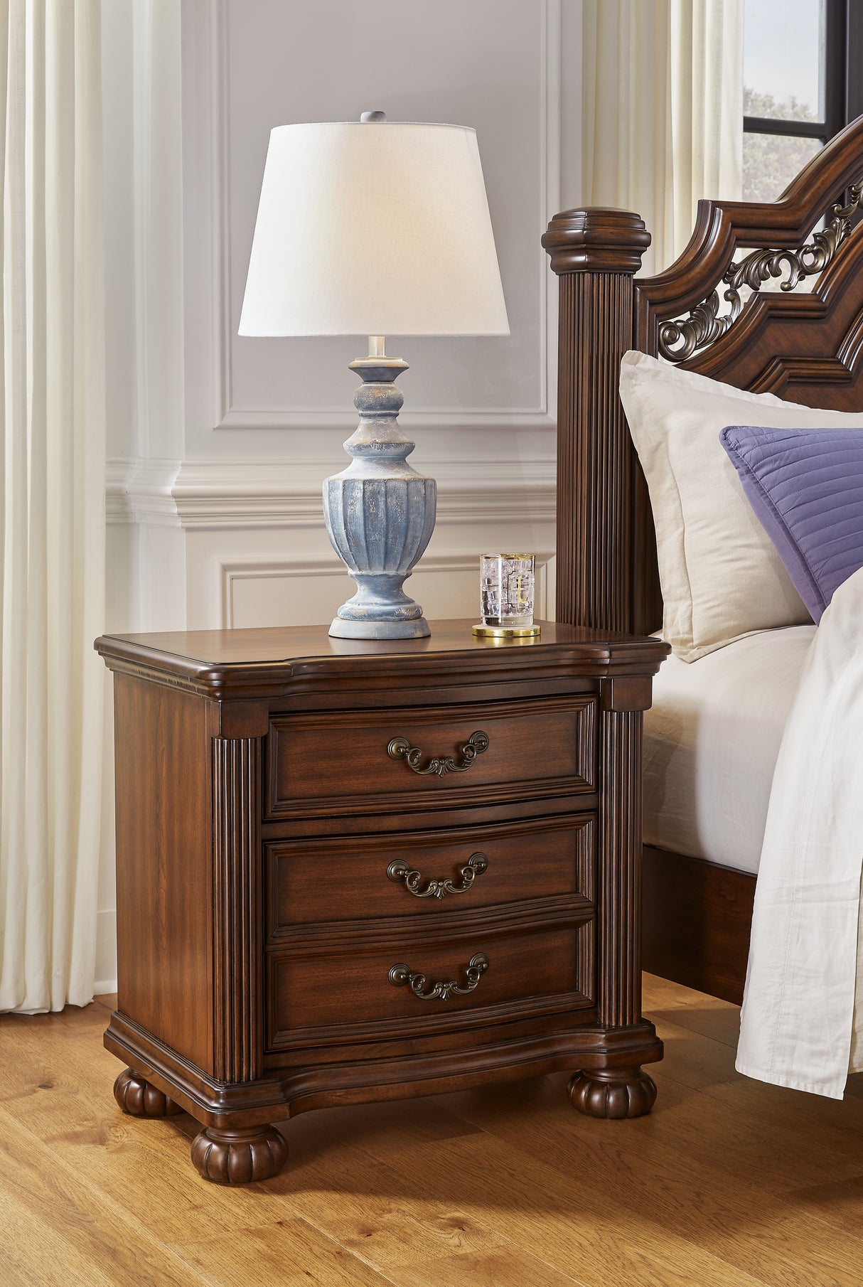 Lavinton Queen Poster Bed with Mirrored Dresser and Nightstand in Brown from Ashley - Luna Furniture