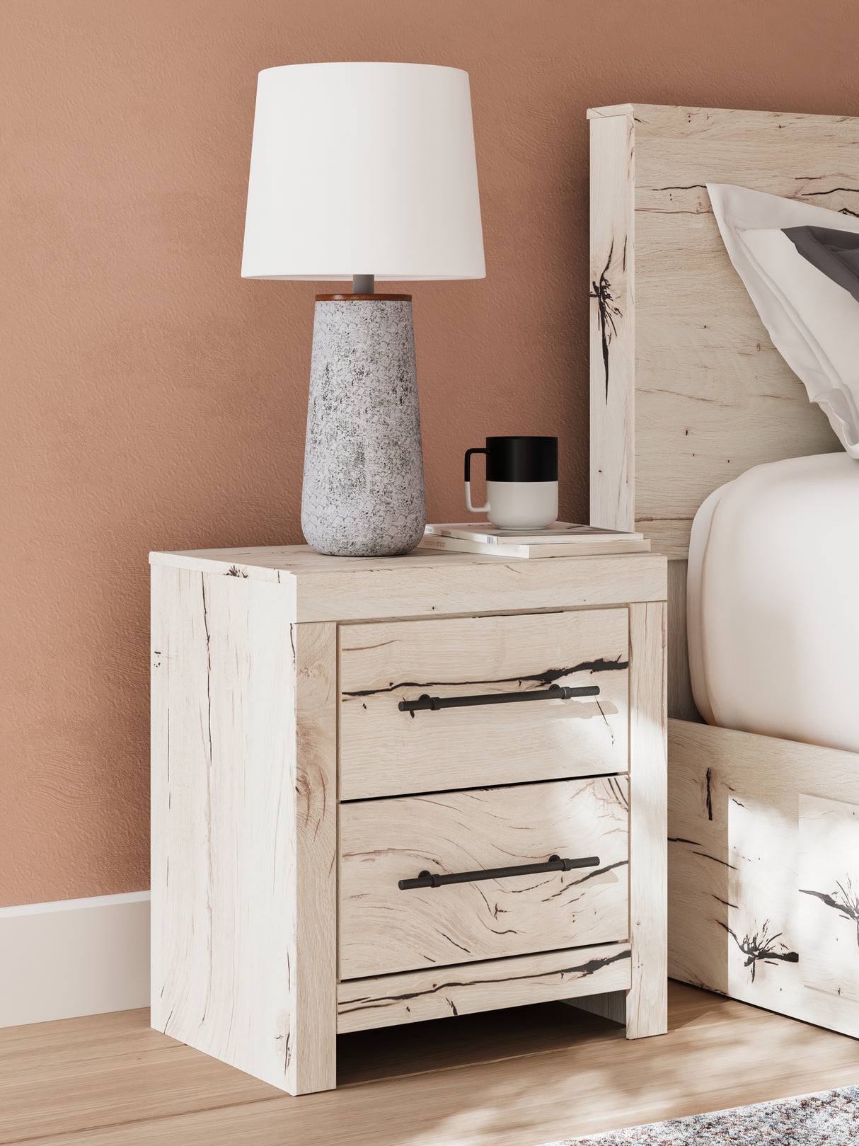 Lawroy Full Panel Storage Bed with Mirrored Dresser and Nightstand in Light Natural from Ashley - Luna Furniture