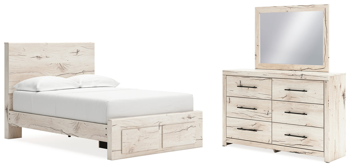 Lawroy Full Panel Storage Bed with Mirrored Dresser in Light Natural - PKG020230