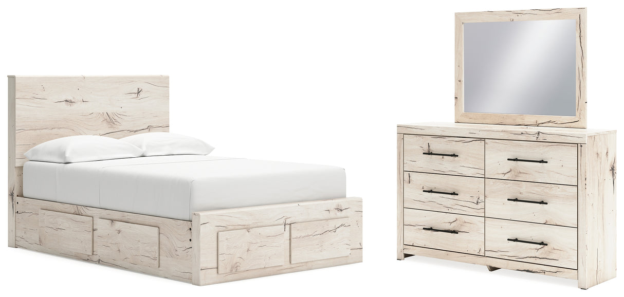 Lawroy Full Panel Storage Bed with Mirrored Dresser in Light Natural - PKG020248