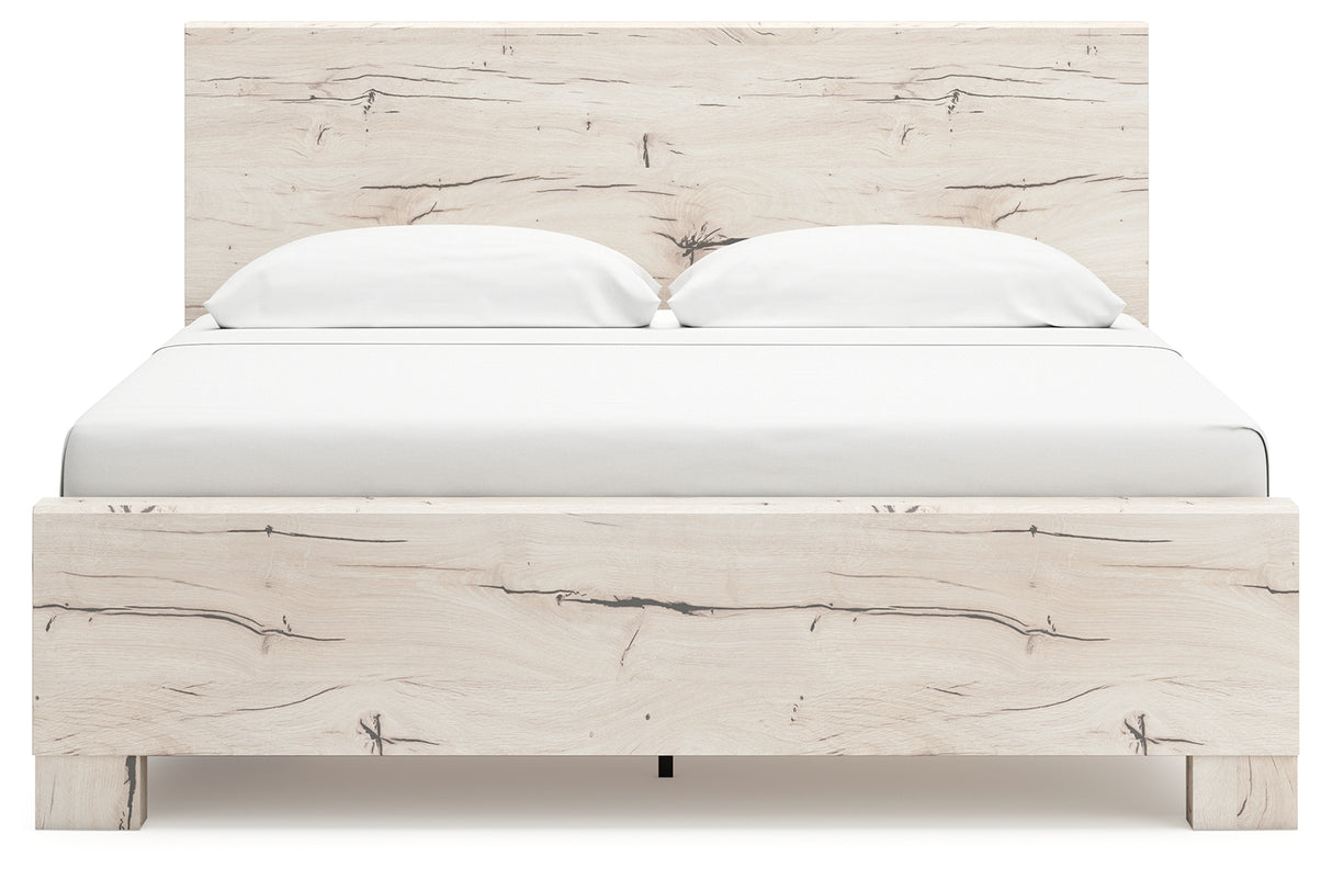 Lawroy King Panel Bed with Mirrored Dresser in Light Natural - PKG020185