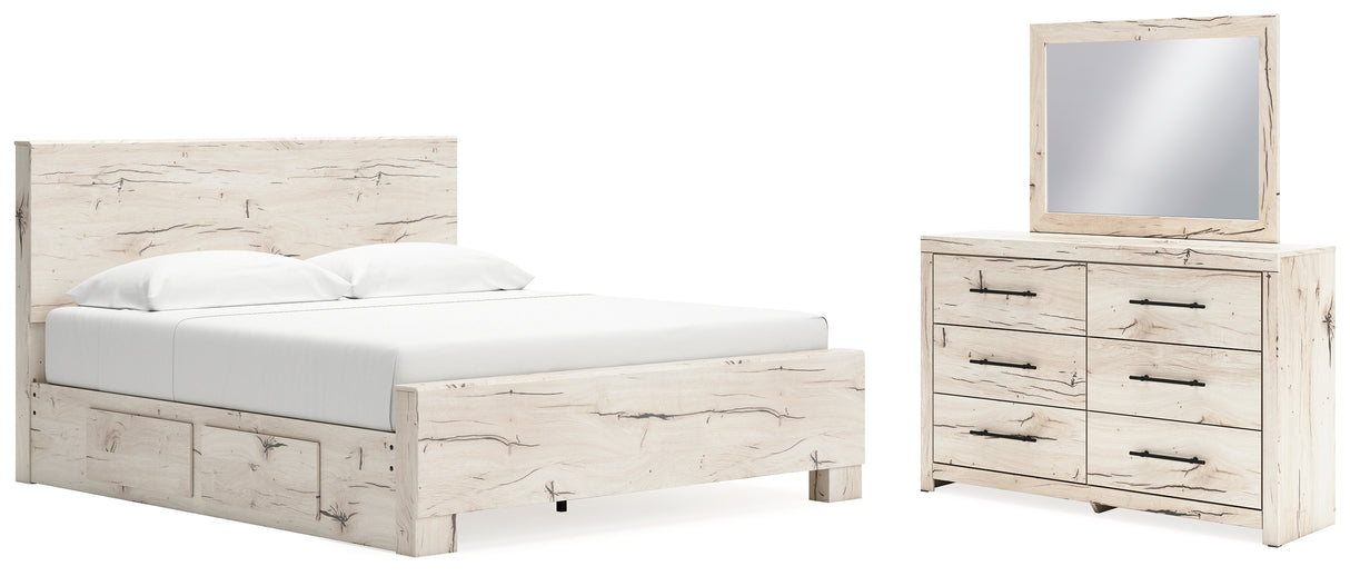 Lawroy King Panel Bed with Mirrored Dresser in Light Natural - PKG020185