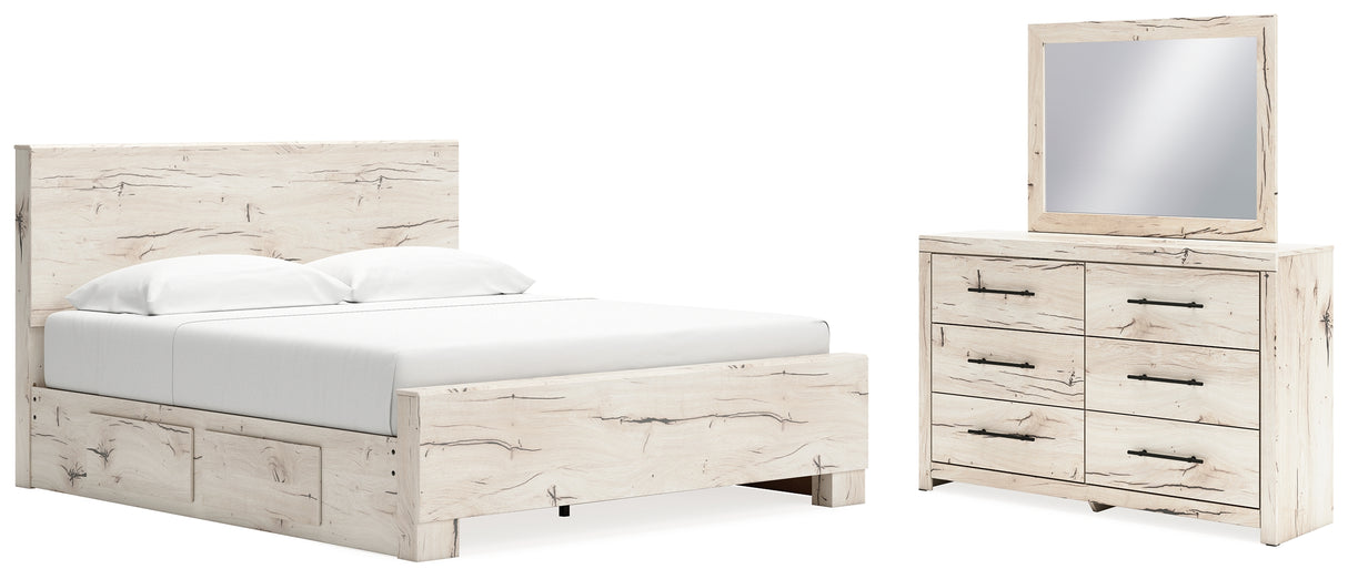 Lawroy King Panel Bed with Mirrored Dresser in Light Natural - PKG020194