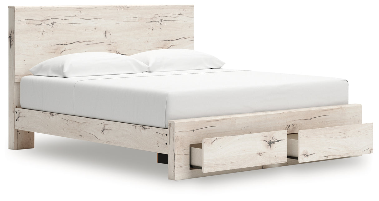 Lawroy King Panel Storage Bed with Mirrored Dresser and Nightstand in Light Natural from Ashley - Luna Furniture