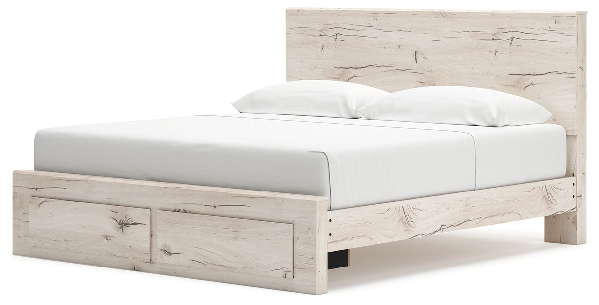 Lawroy King Panel Storage Bed with Mirrored Dresser and Nightstand in Light Natural from Ashley - Luna Furniture