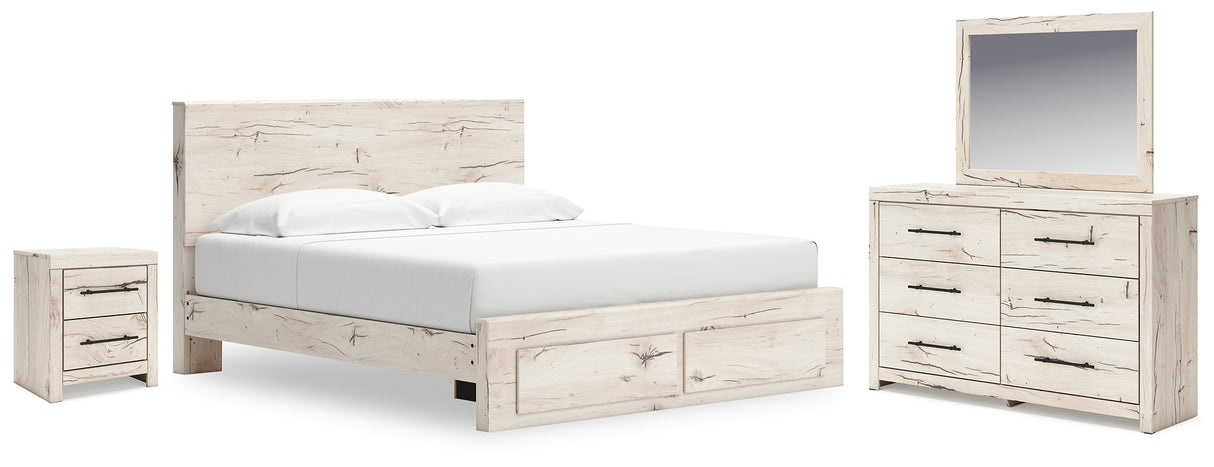 Lawroy King Panel Storage Bed with Mirrored Dresser and Nightstand in Light Natural from Ashley - Luna Furniture