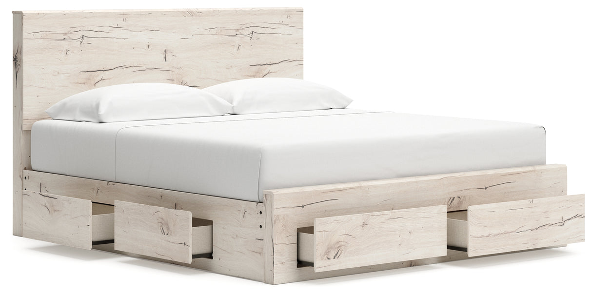 Lawroy King Panel Storage Bed with Mirrored Dresser and Nightstand in Light Natural from Ashley - Luna Furniture