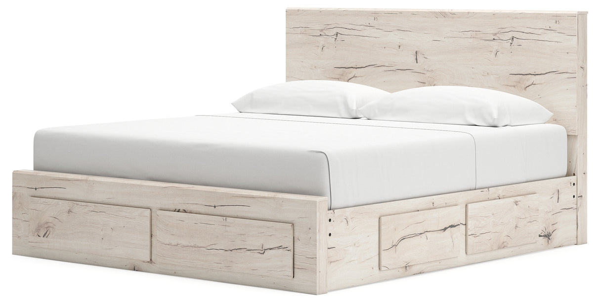 Lawroy King Panel Storage Bed with Mirrored Dresser and Nightstand in Light Natural from Ashley - Luna Furniture