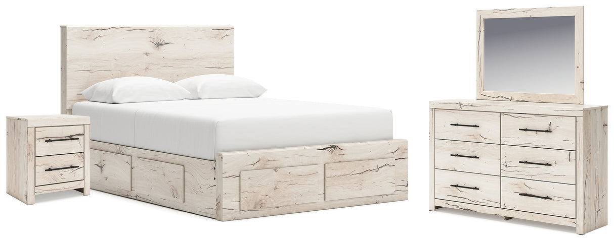 Lawroy King Panel Storage Bed with Mirrored Dresser and Nightstand in Light Natural from Ashley - Luna Furniture