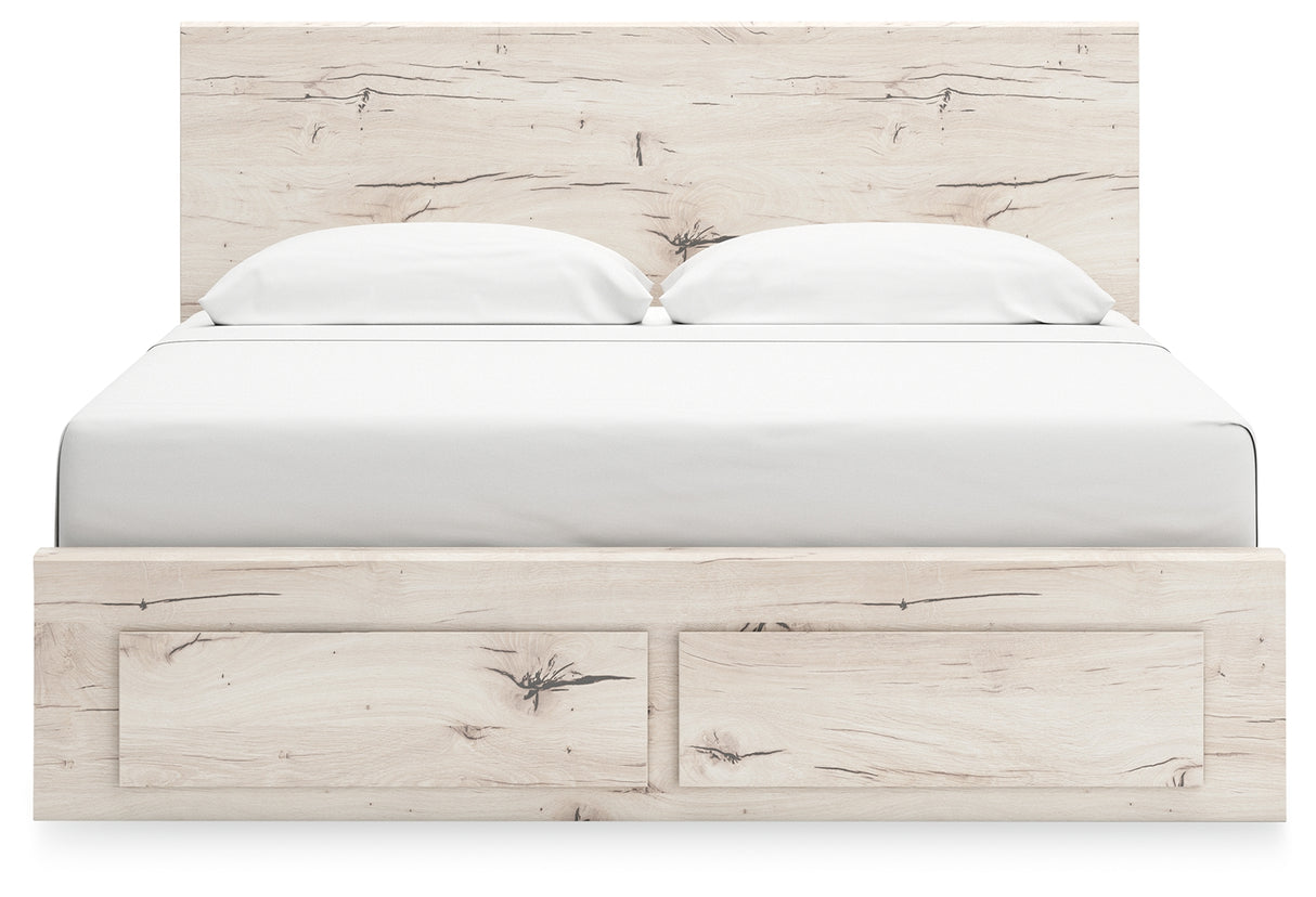 Lawroy King Panel Storage Bed with Mirrored Dresser in Light Natural - PKG020176