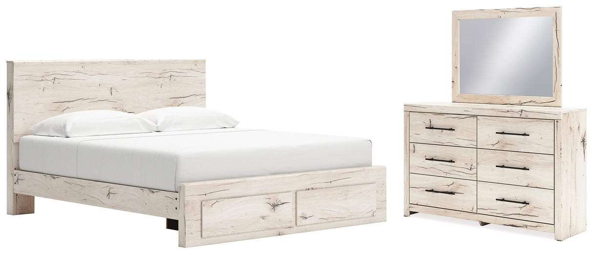 Lawroy King Panel Storage Bed with Mirrored Dresser in Light Natural from Ashley - Luna Furniture