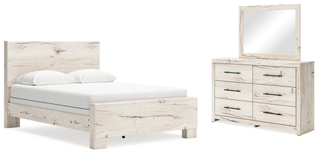 Lawroy Queen Panel Bed with Mirrored Dresser in Light Natural from Ashley - Luna Furniture