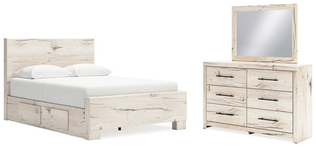 Lawroy Queen Panel Bed with Mirrored Dresser in Light Natural - PKG020140