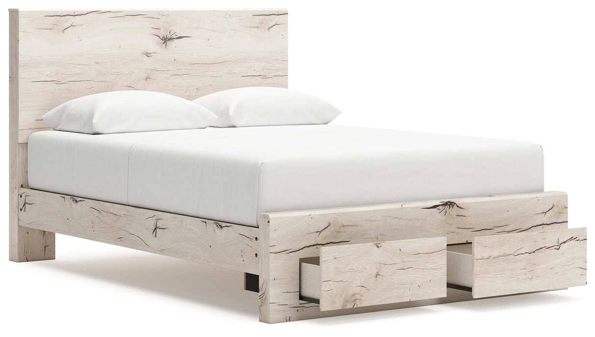 Lawroy Queen Panel Storage Bed with Mirrored Dresser and Nightstand in Light Natural from Ashley - Luna Furniture