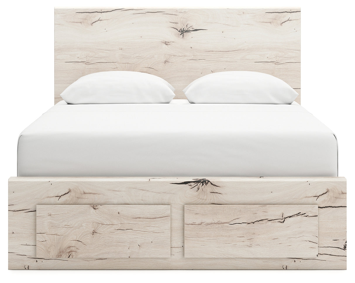 Lawroy Queen Panel Storage Bed with Mirrored Dresser and Nightstand in Light Natural from Ashley - Luna Furniture