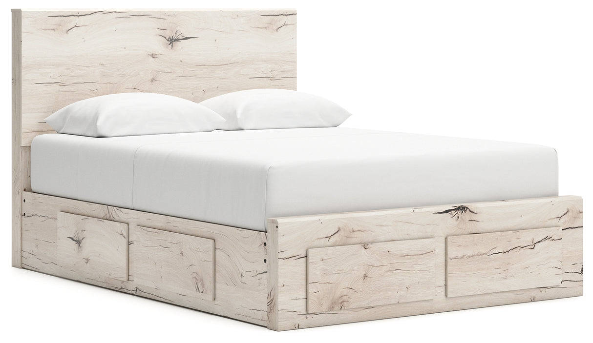 Lawroy Queen Panel Storage Bed with Mirrored Dresser and Nightstand in Light Natural from Ashley - Luna Furniture